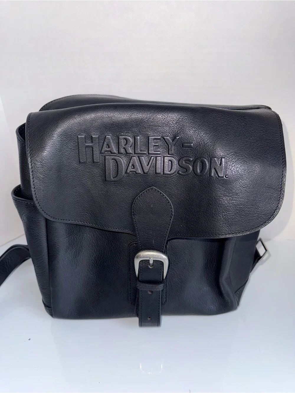 HARLEY DAVIDSON Embossed Single Strap Black Biker Leather Messenger Bag